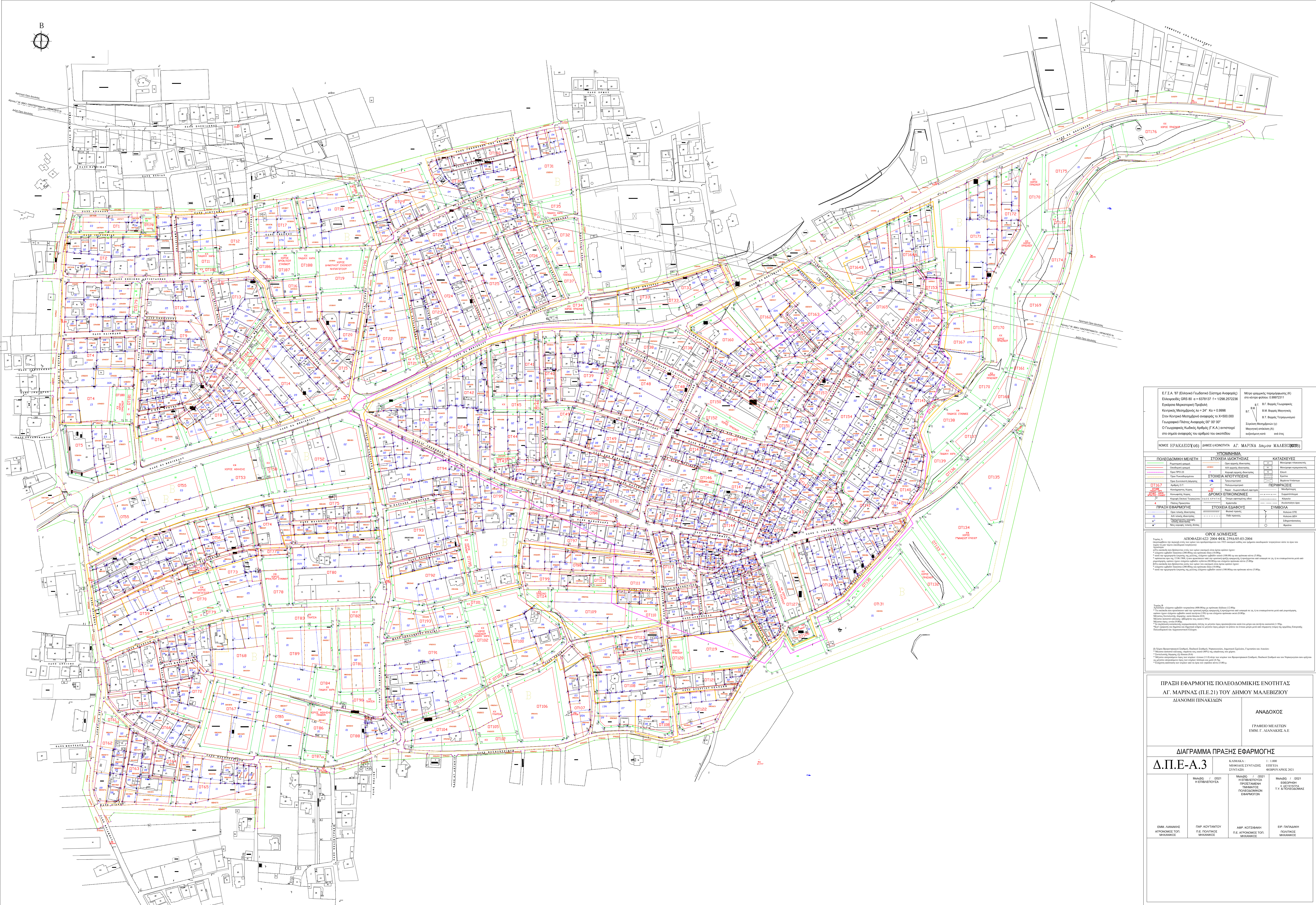 Τοπογραφικό σχέδιο της πράξης εφαρμογής πολεοδομικής ενότητας Αγίας Μαρίνας (π.ε. 21) του Δήμου Μαλεβιζίου